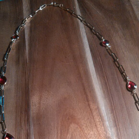 Simulated Ruby Ion Plate Yellow Gold Stainless Steel Paperclip Necklace - Picture 5 of 13